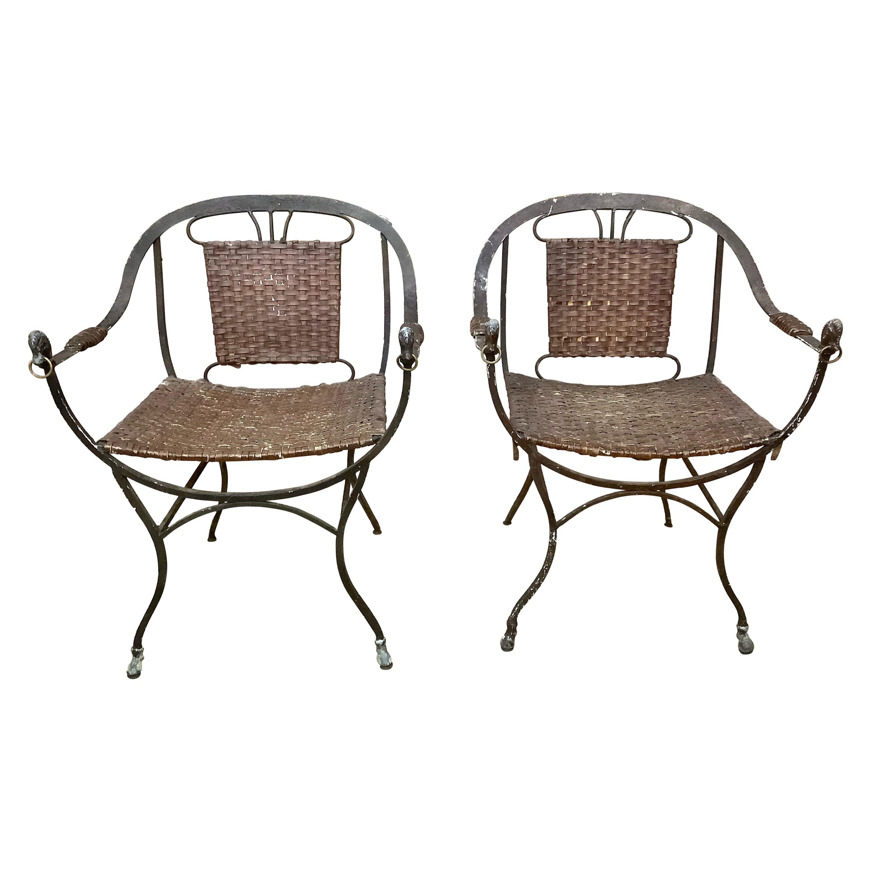 Pair of Iron Horseshoe Back and Leather Chairs For Sale