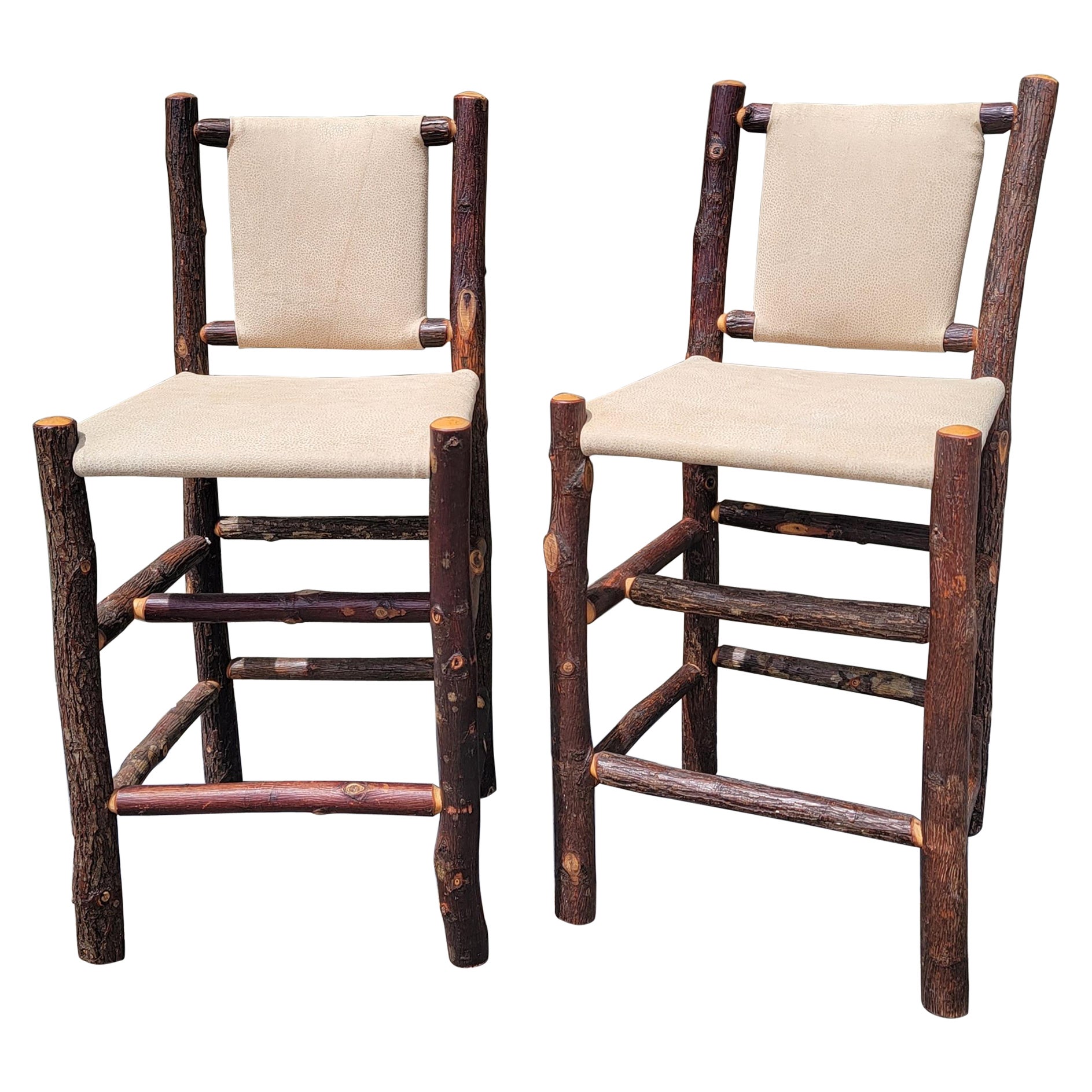 Rare Old Hickory Bar Stools W/ Leather Seats & Backs-Pair For Sale