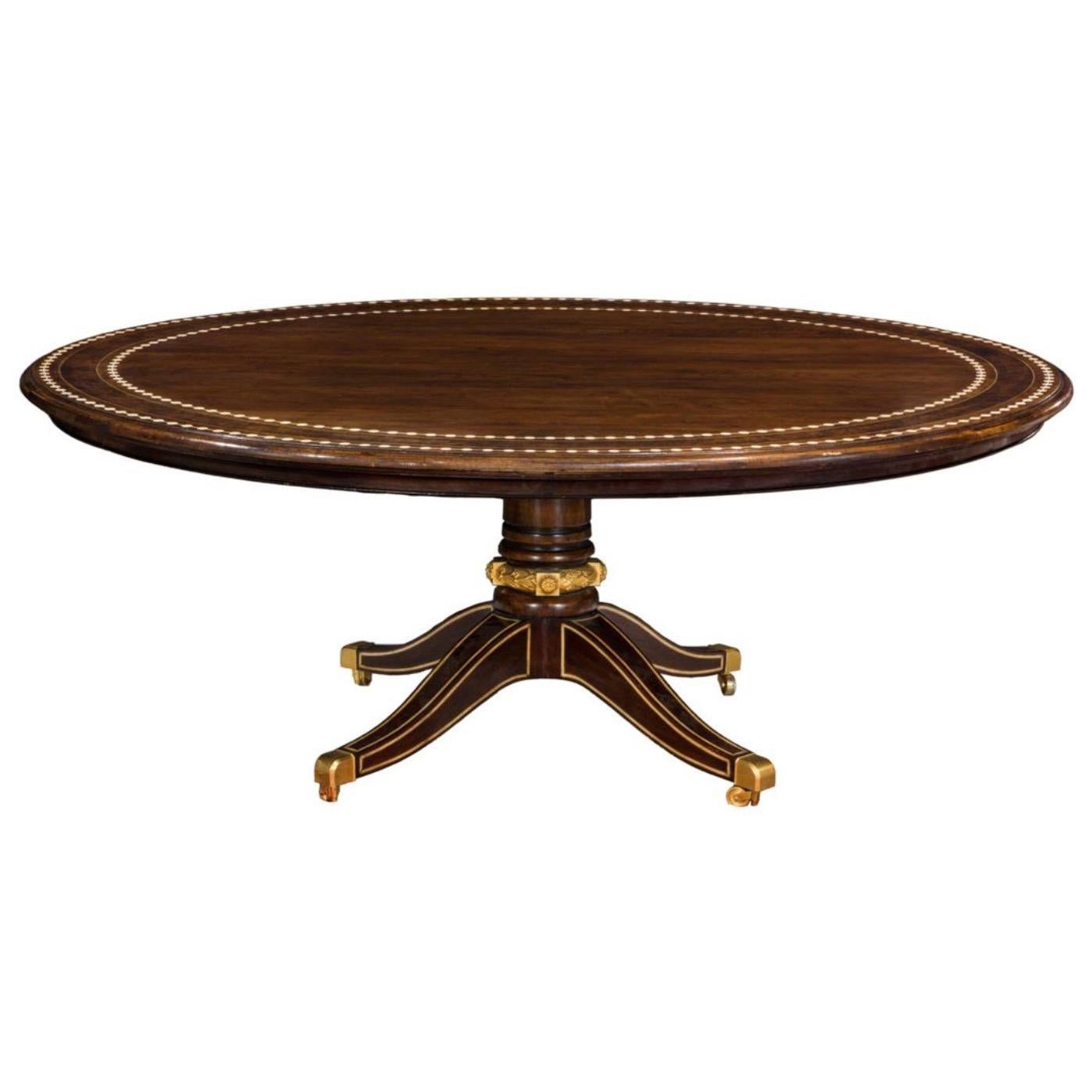 Walnut & Oak Dining Table with Inlays, gilded bronze ring, after George Bullock