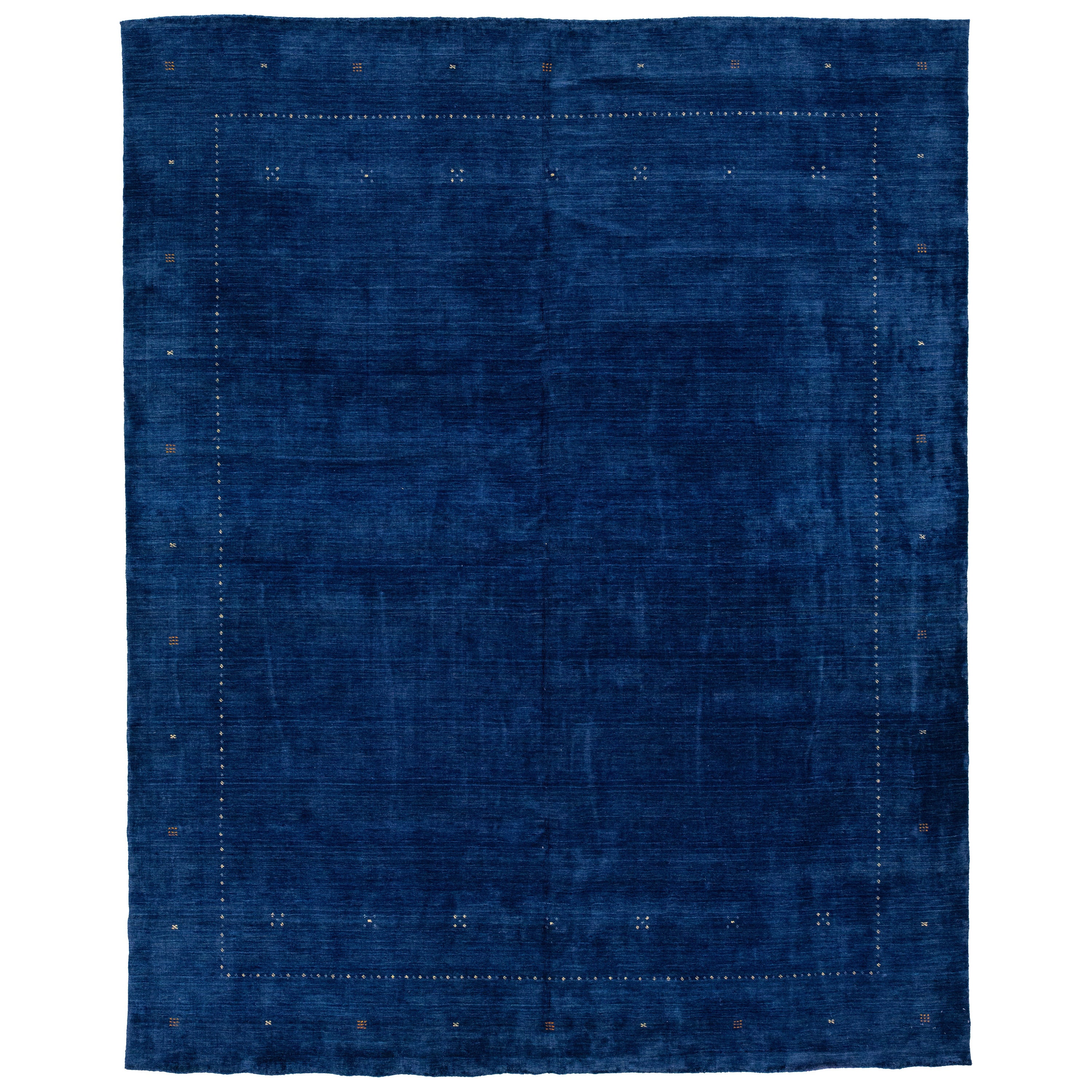 Royal Blue Modern Hand-Loomed Minimalist Gabbeh Wool Rug  For Sale