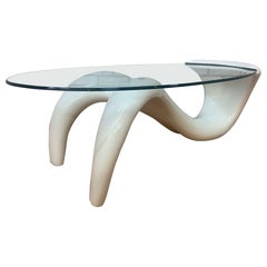 MCM White Abstract Fiberglass Sculptural Base Oval Glass Top Coffee Table