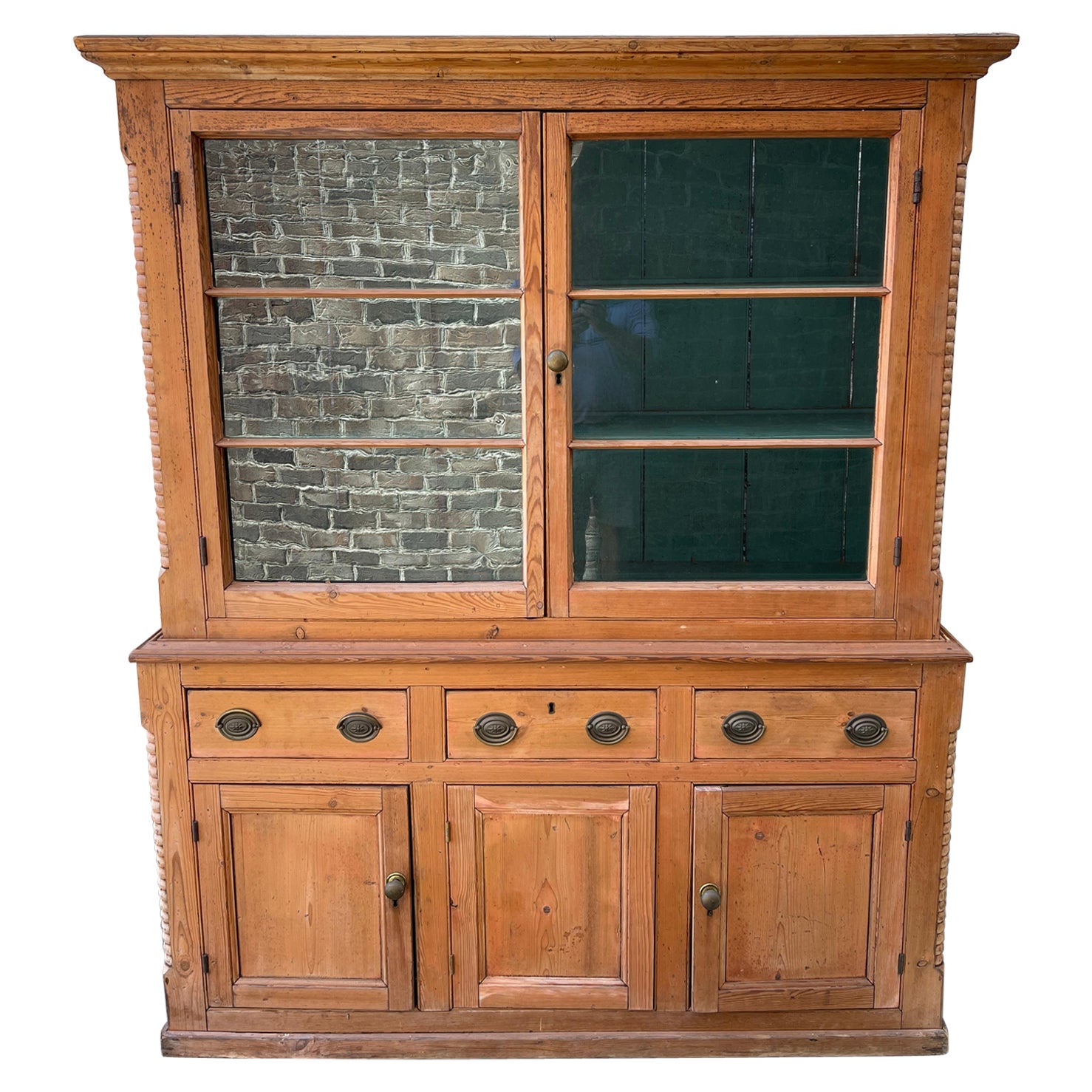 Pine cupboard with glass upper cabinet early 20th century  For Sale