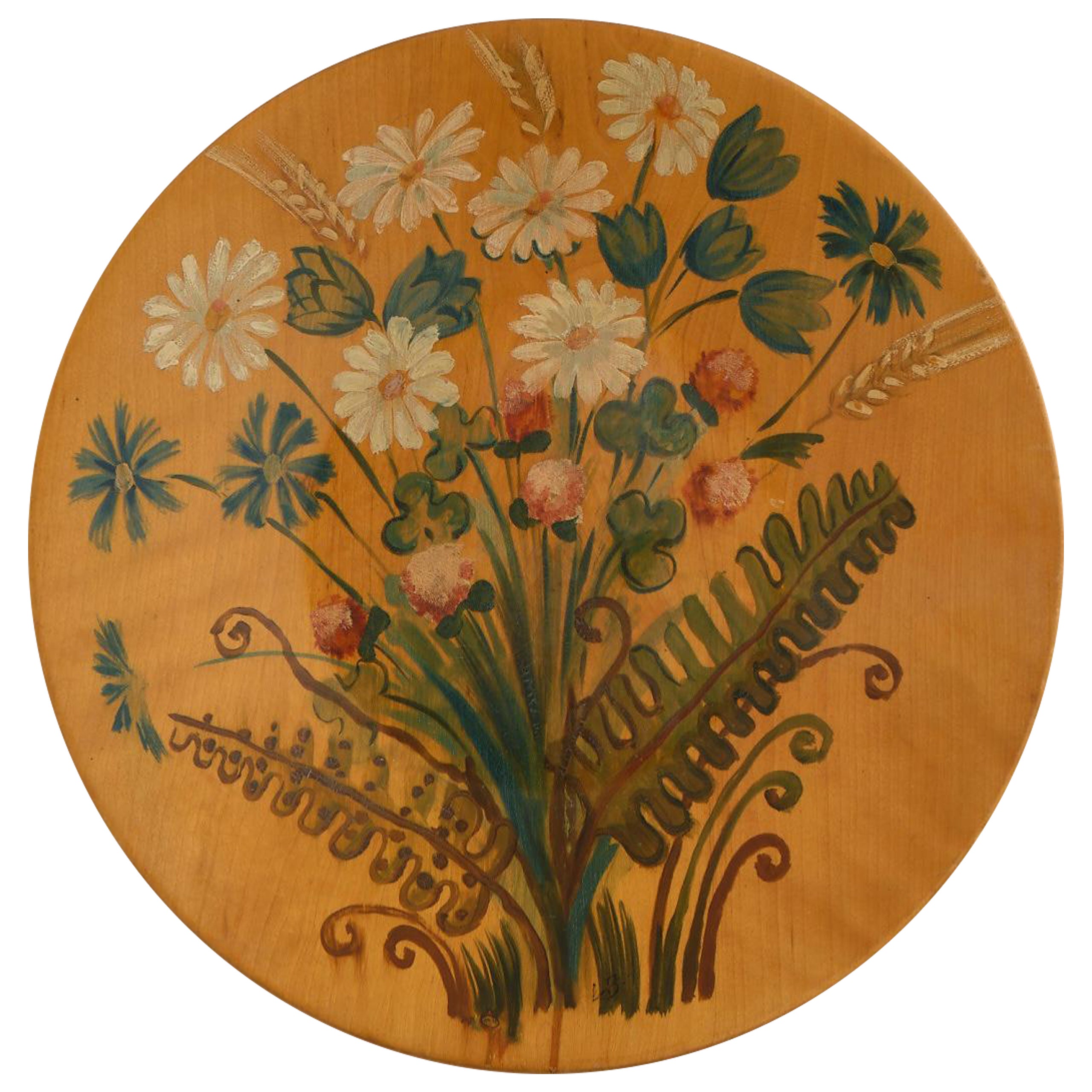 1930s Swedish handpainted wooden wallhanging piece decorated w. botanical motifs For Sale