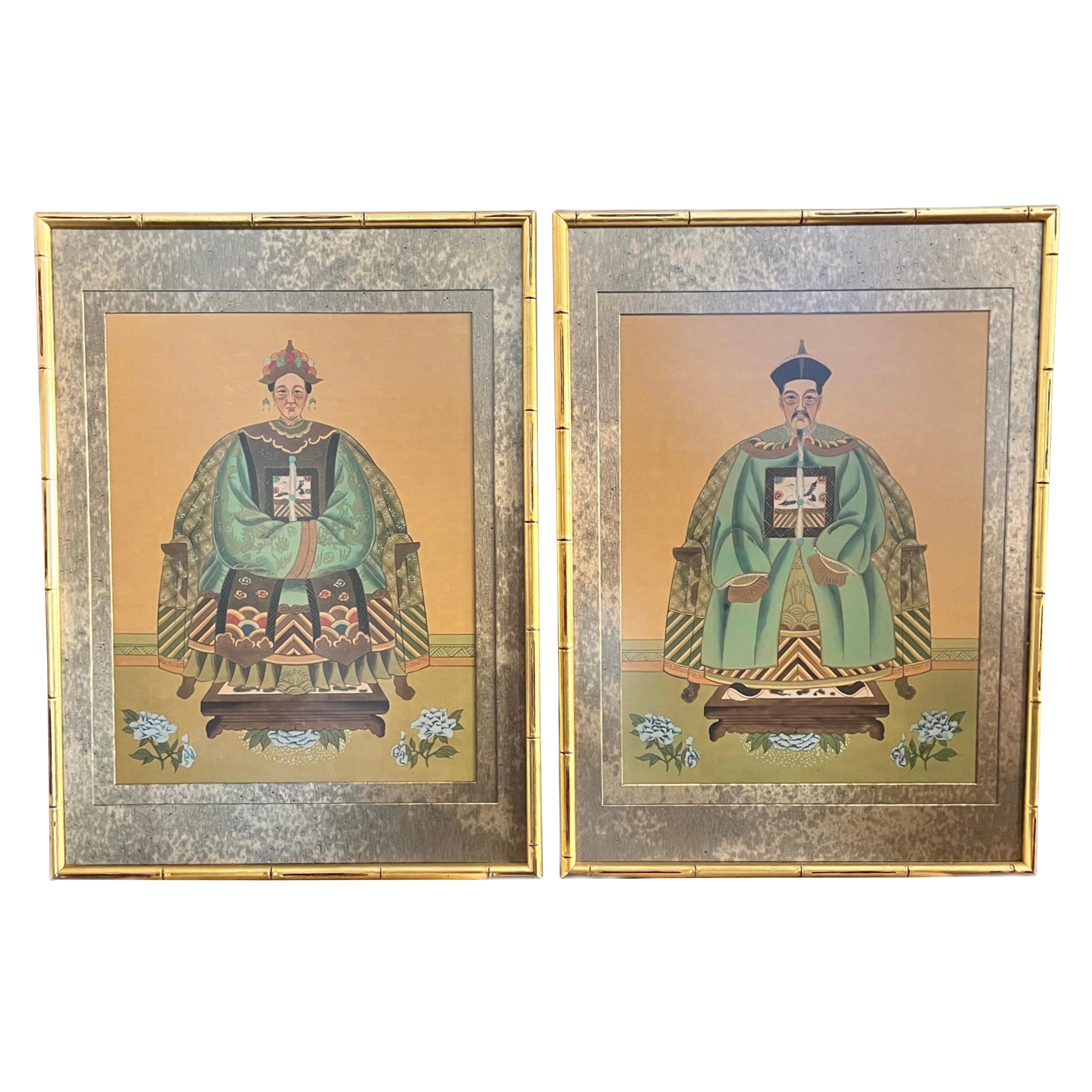 Mid 20th Century Chinese Portraits of Emperor & Empress Watercolor on Silk