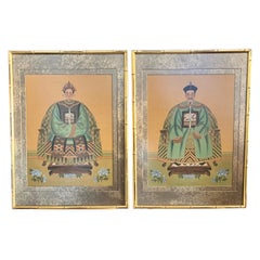 Vintage Mid 20th Century Chinese Portraits of Emperor & Empress Watercolor on Silk