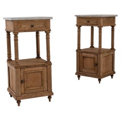 Vintage French Oak Bedside Tables with Stone Tops, a Pair