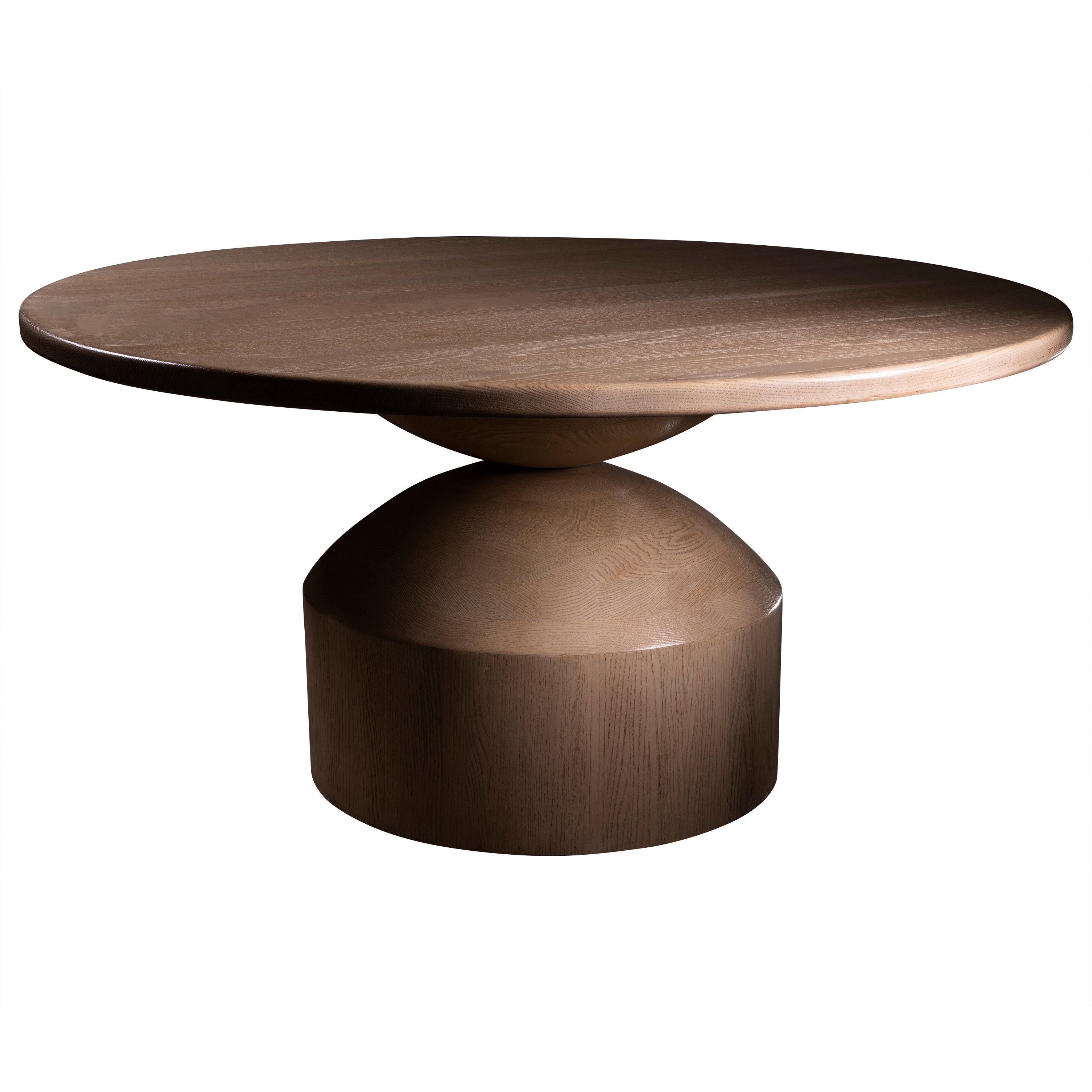 Table de salle à manger ronde en chêne blanc cosmique, piédestal géométrique en vente