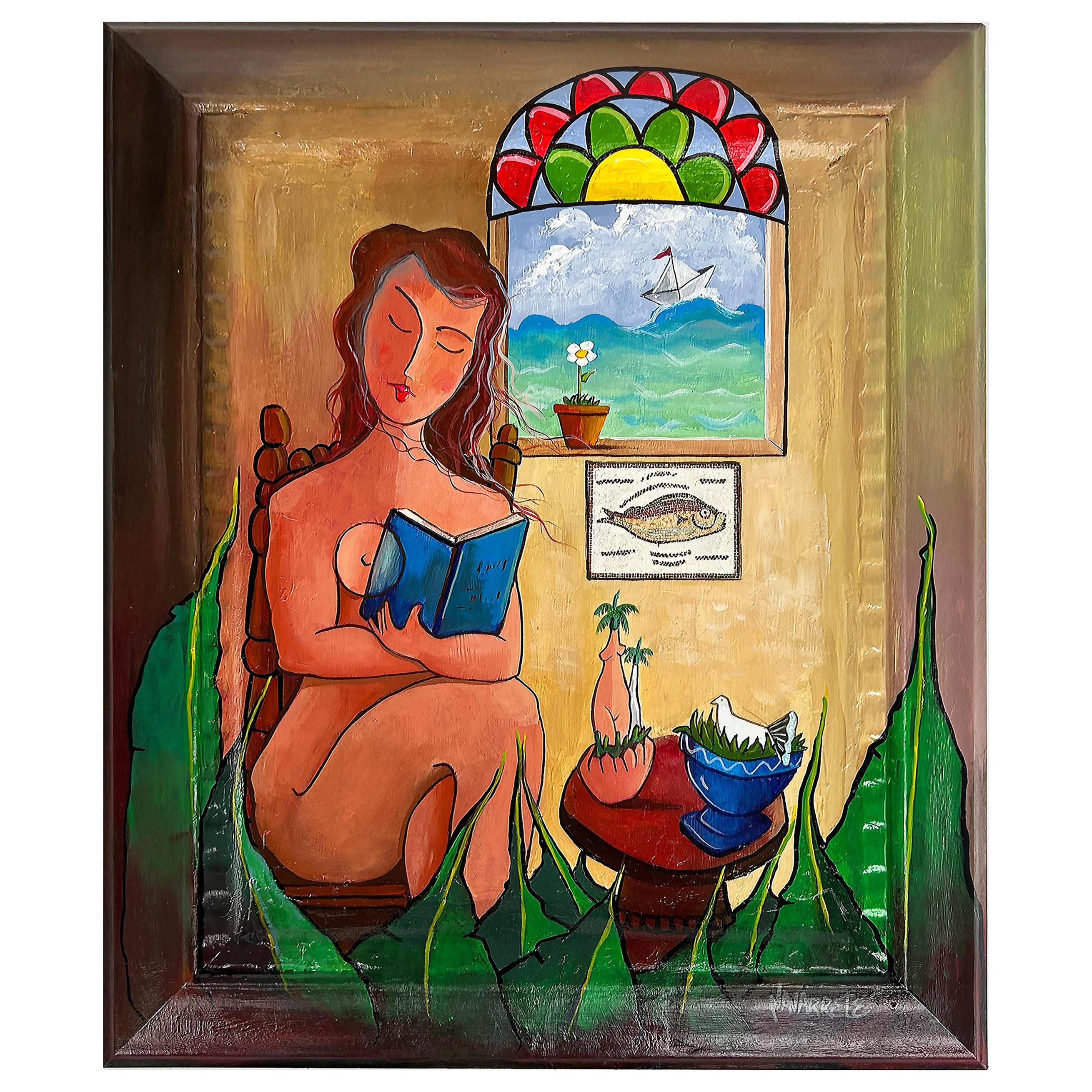 Juan Navarette - Peinture folklorique cubaine abstraite représentant une femme avec un poisson et un pigeon  en vente