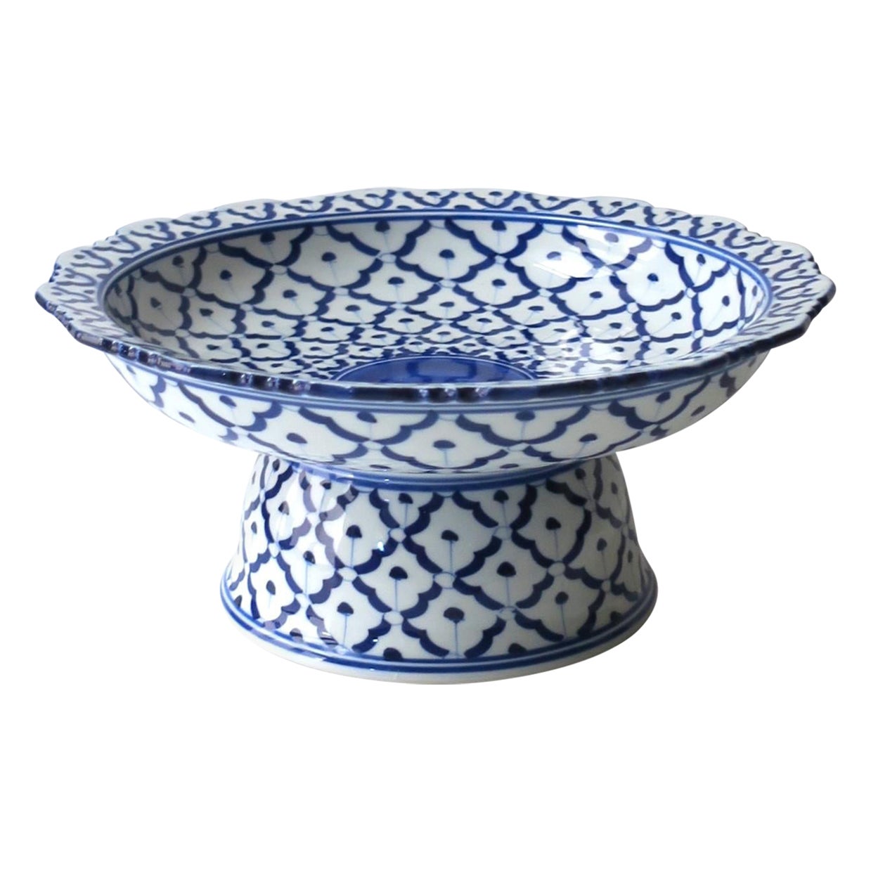Compota de centro de mesa de cerámica azul y blanca 