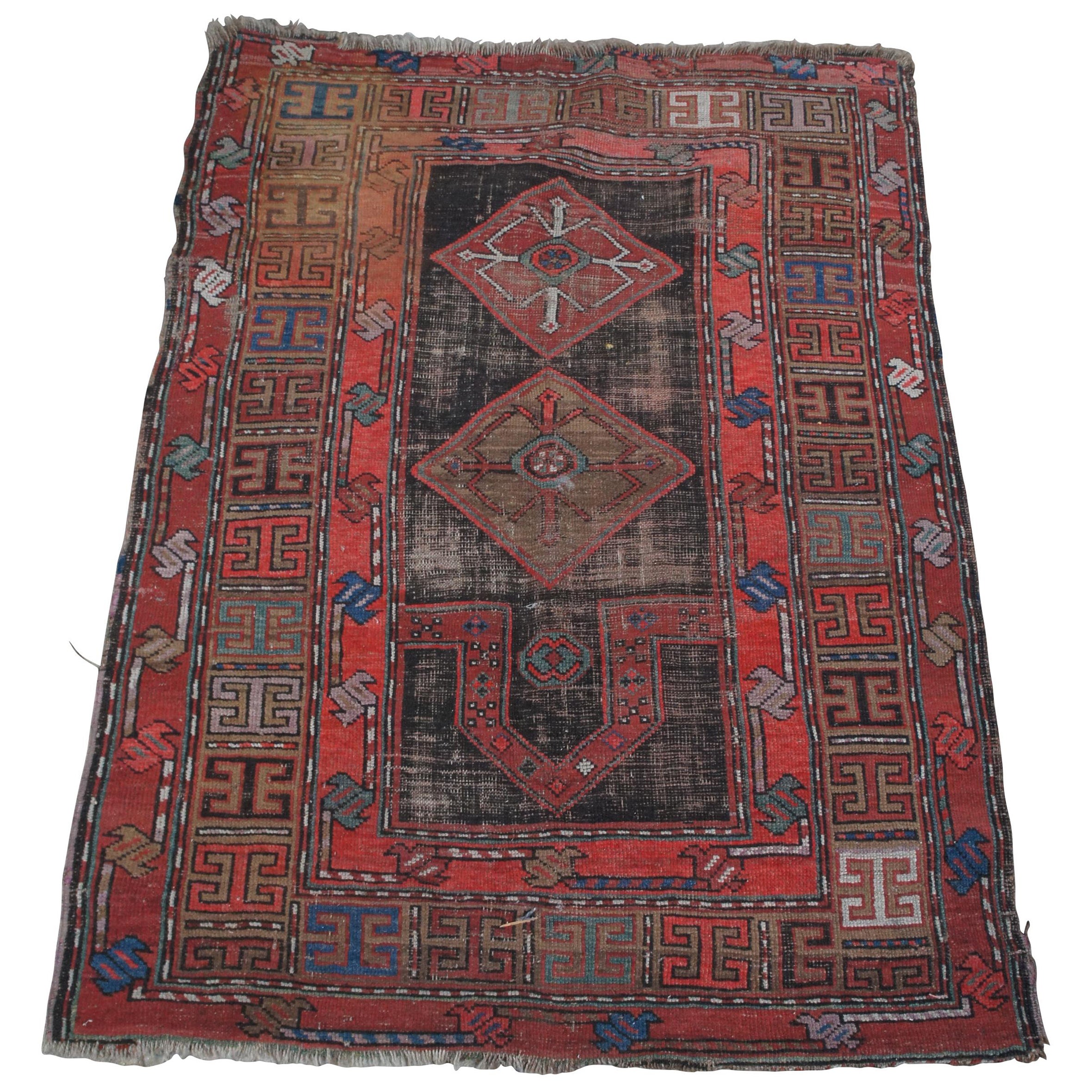 Antique Caucasian Red & Blue Hand Woven Wool Karabagh Geometric Prayer Rug Mat