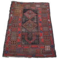 Tapis de prière géométrique caucasien ancien rouge et bleu en laine tissée à la main Karabagh