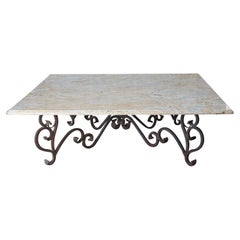 Vintage French Scrolled Wrought Iron Square Granite Stone Coffee Table 60" (Table à café en fer forgé à volutes)