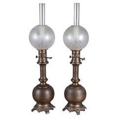 Antique Pair Of Oil Lamps In Bronze With Brown Patina