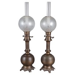Pair Of Oil Lamps In Bronze With Brown Patina