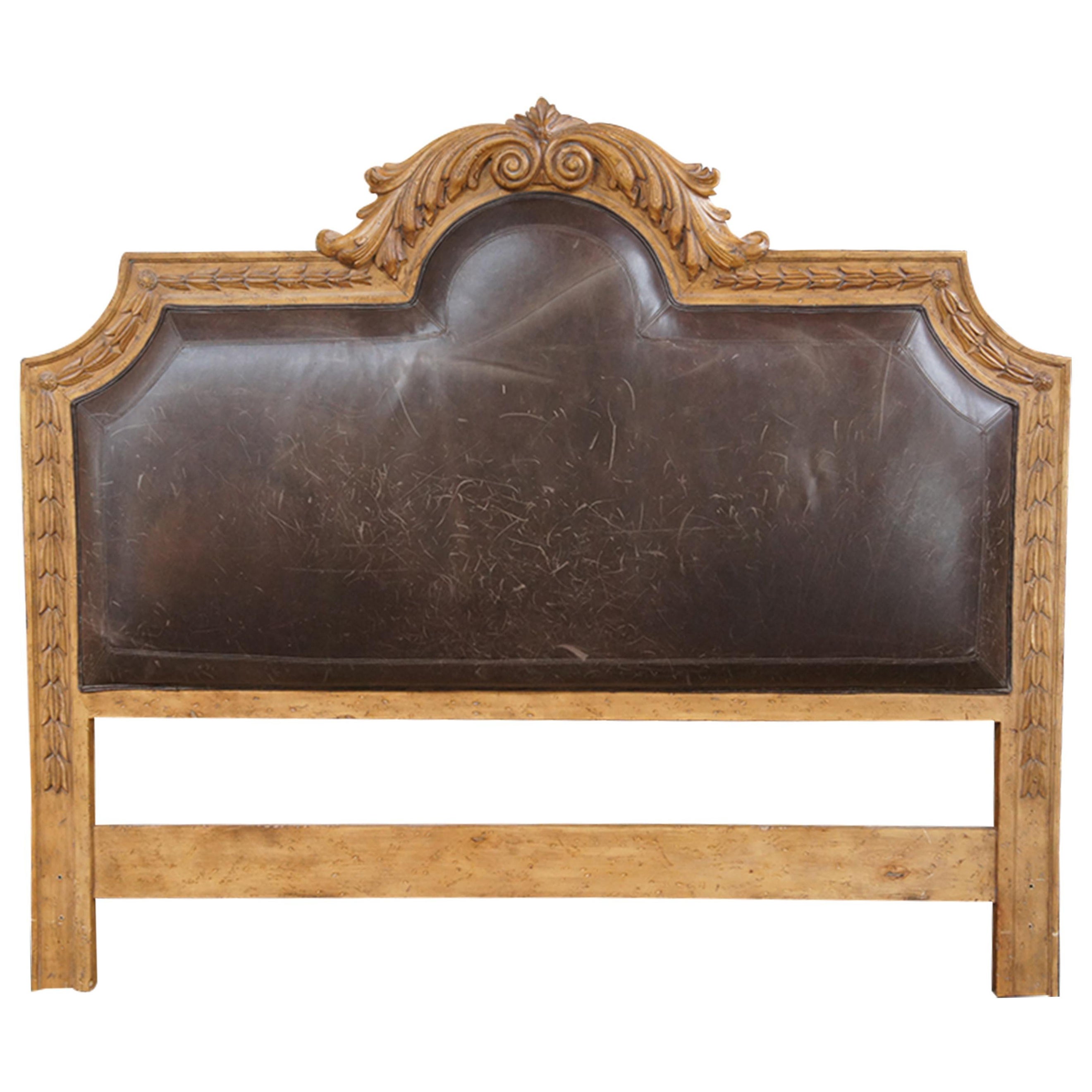 Vintage French Acanthus & Tulip Leather King Size Bed Headboard 79" For Sale