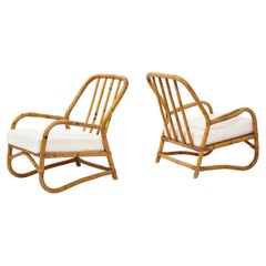 Vintage Louis Sognot Style Pair of Curved Bamboo Armchairs, France 1950's