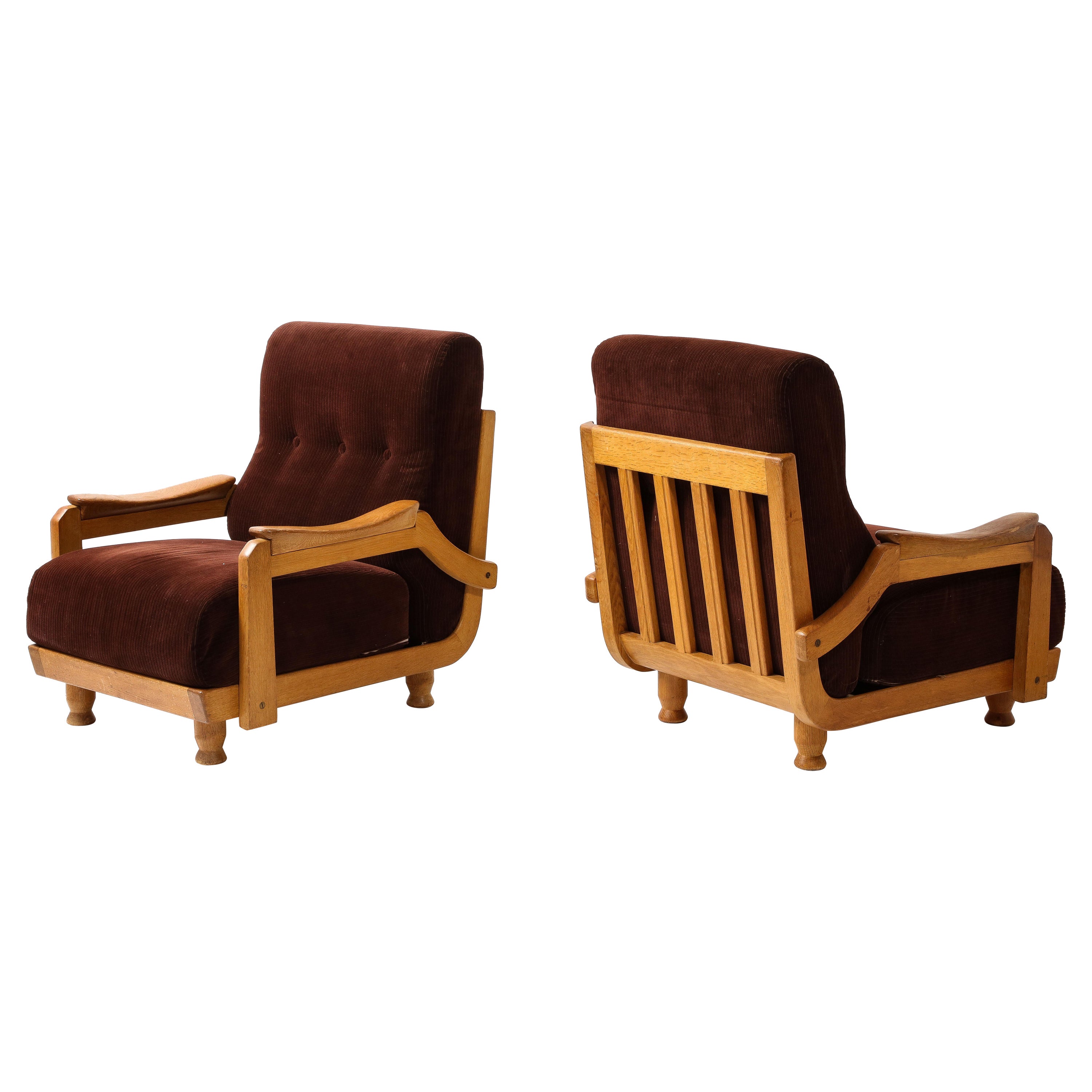 Guillerme & Chambron Hazelnut Velvet Lounge Chairs, France 1950 For Sale