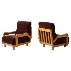 Guillerme & Chambron Hazelnut Velvet Lounge Chairs, France 1950