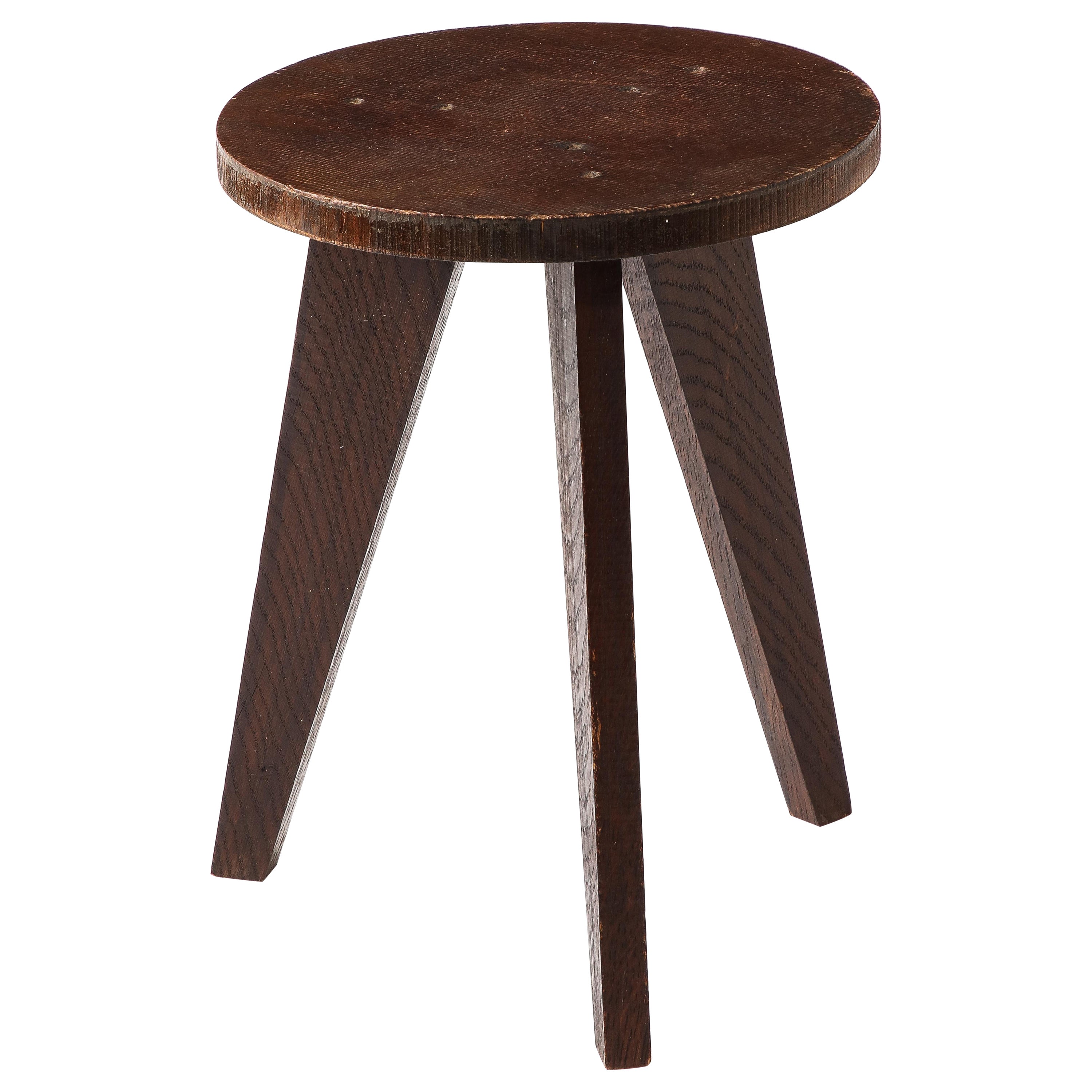 Dark Oak Stool in the Style of Hervé Bayley, France 1950s For Sale
