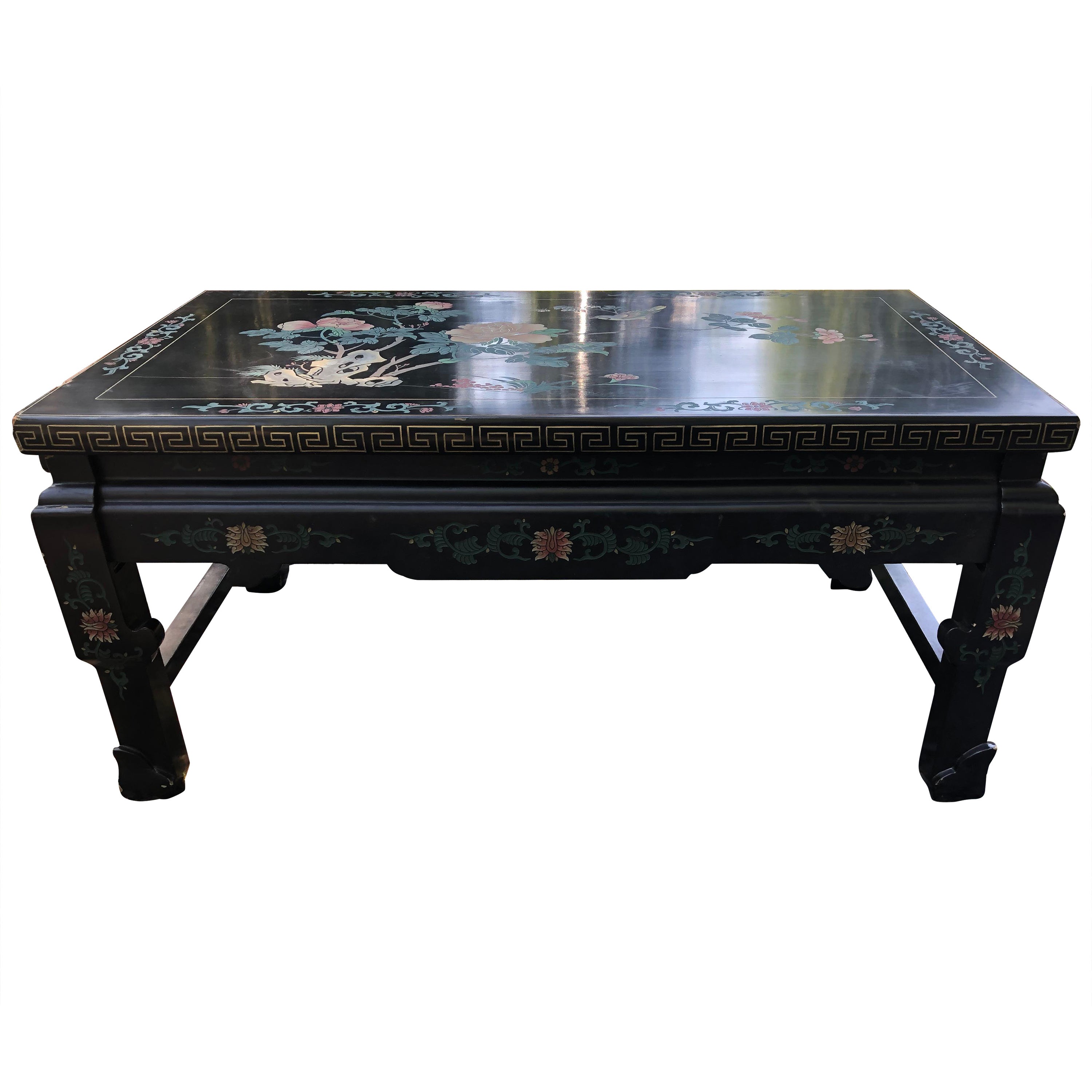 Asian Black Coffee Table with Recessed Painted Floral Decoration For Sale