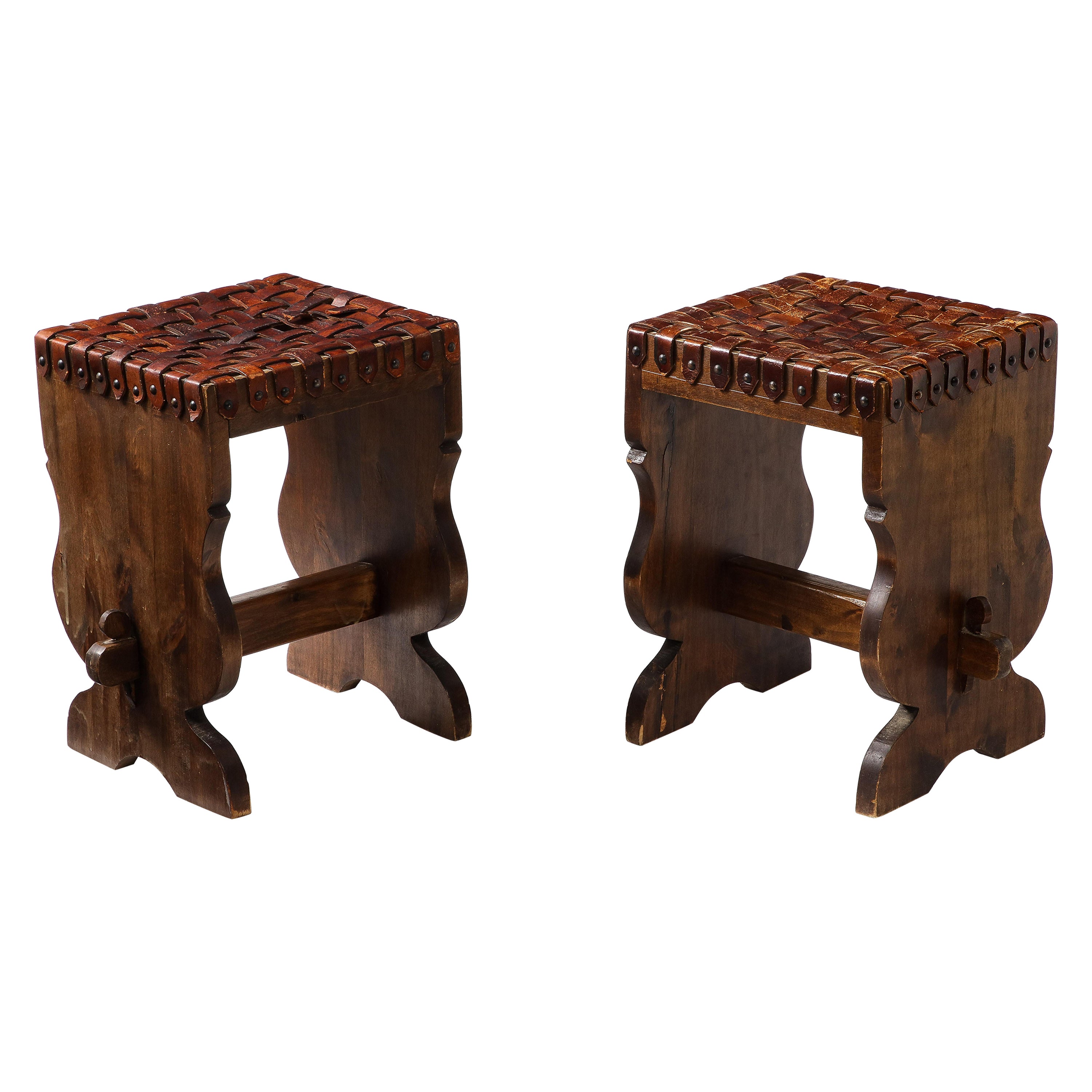 Pair of Small Woven Leather Stools, France 1950s For Sale