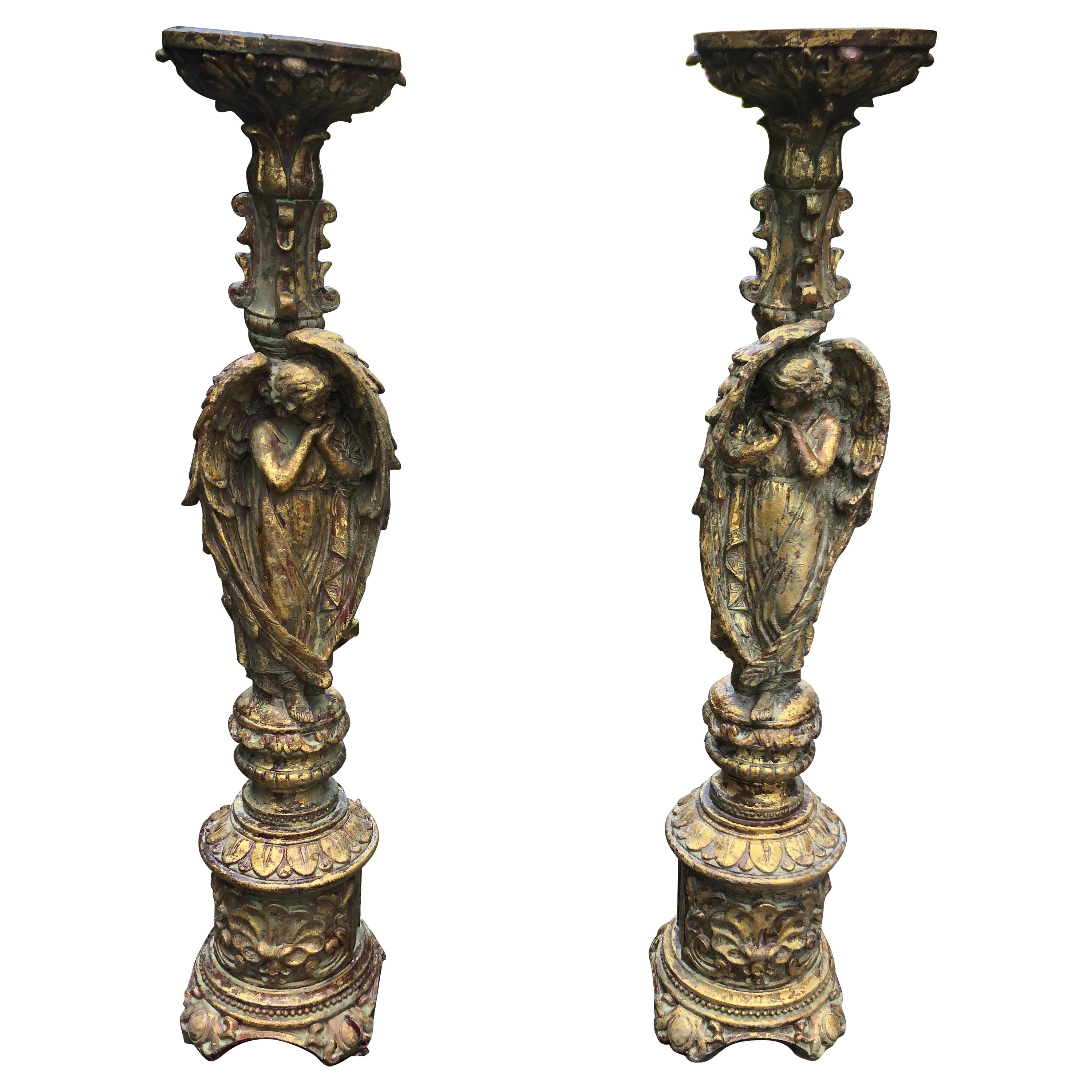 Large Gilded Pair of Angel Motif Candlesticks For Sale