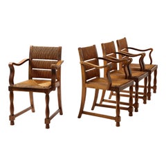 Four Elm & Rush Chairs by Courtray, France 1940s