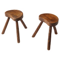 Pair of Hand Carved Elm Stool After Jean Touret, France 1950s