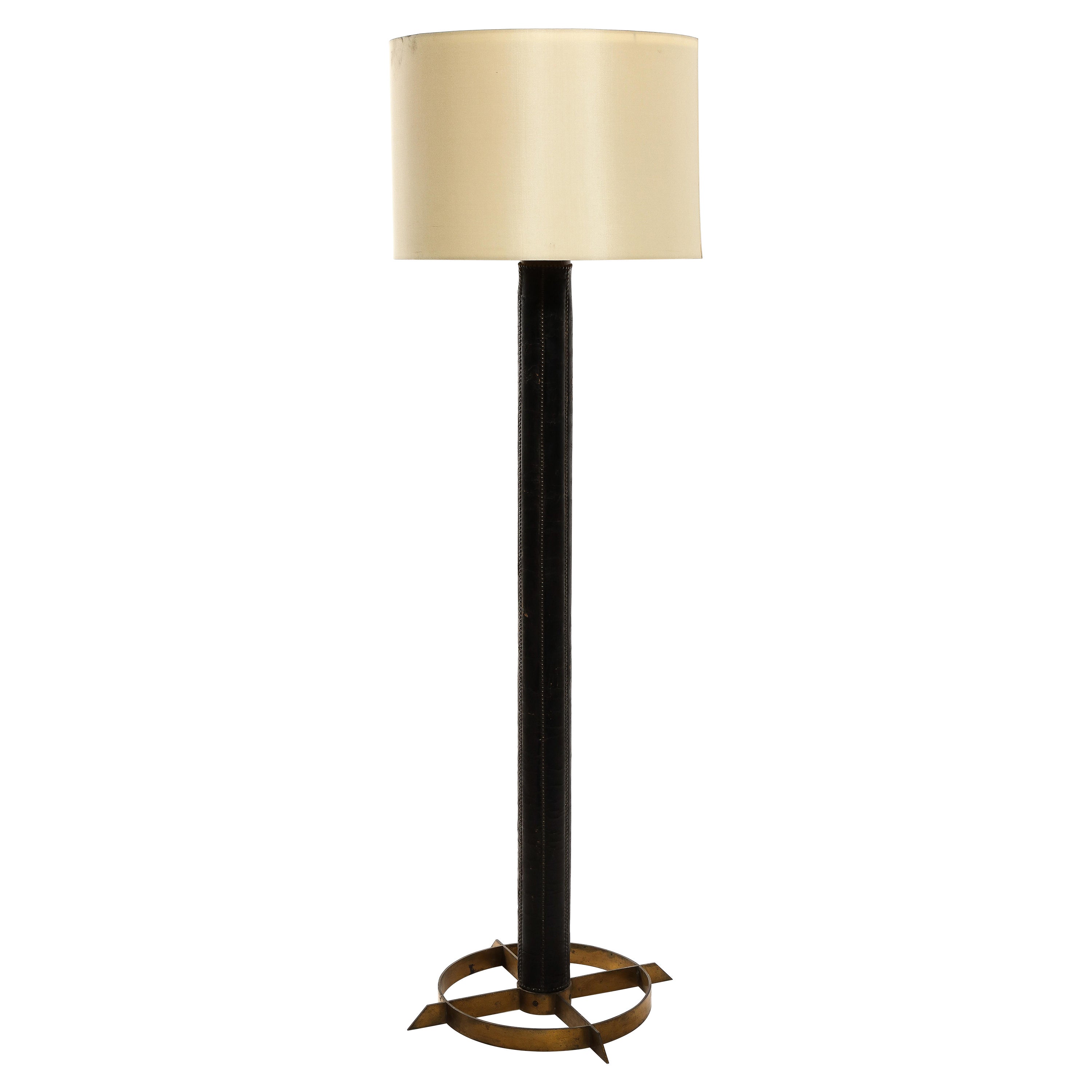 Nail Studded Leather Floor Lamp, France 1960s For Sale