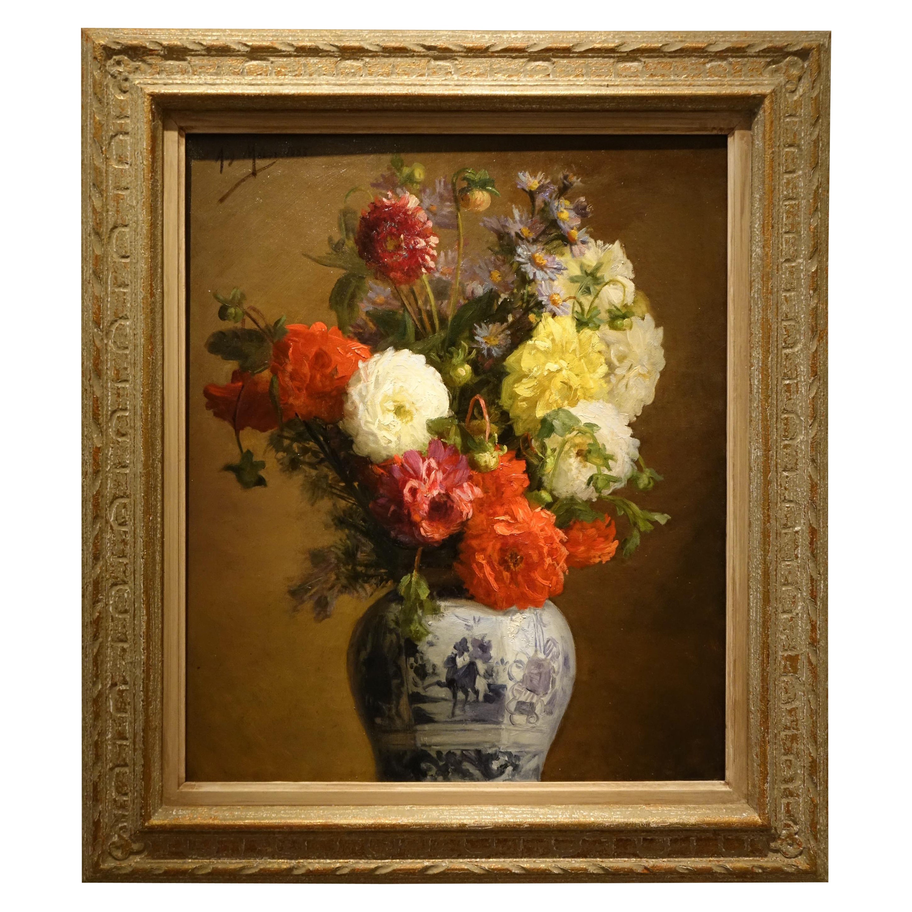 A Bunch of Dahlias in a Japanese Vase , A.MELOT, 1883 For Sale