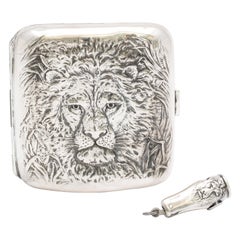 Antique  Sterling Silver Lion's Head-Motif Cigarette Case and Matching Cutter