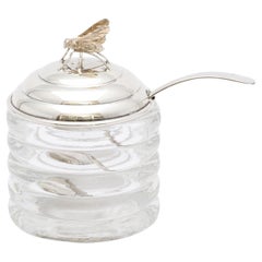 Art Deco Period Sterling Silver-Mounted Beehive-Form Honey Jar and Spoon