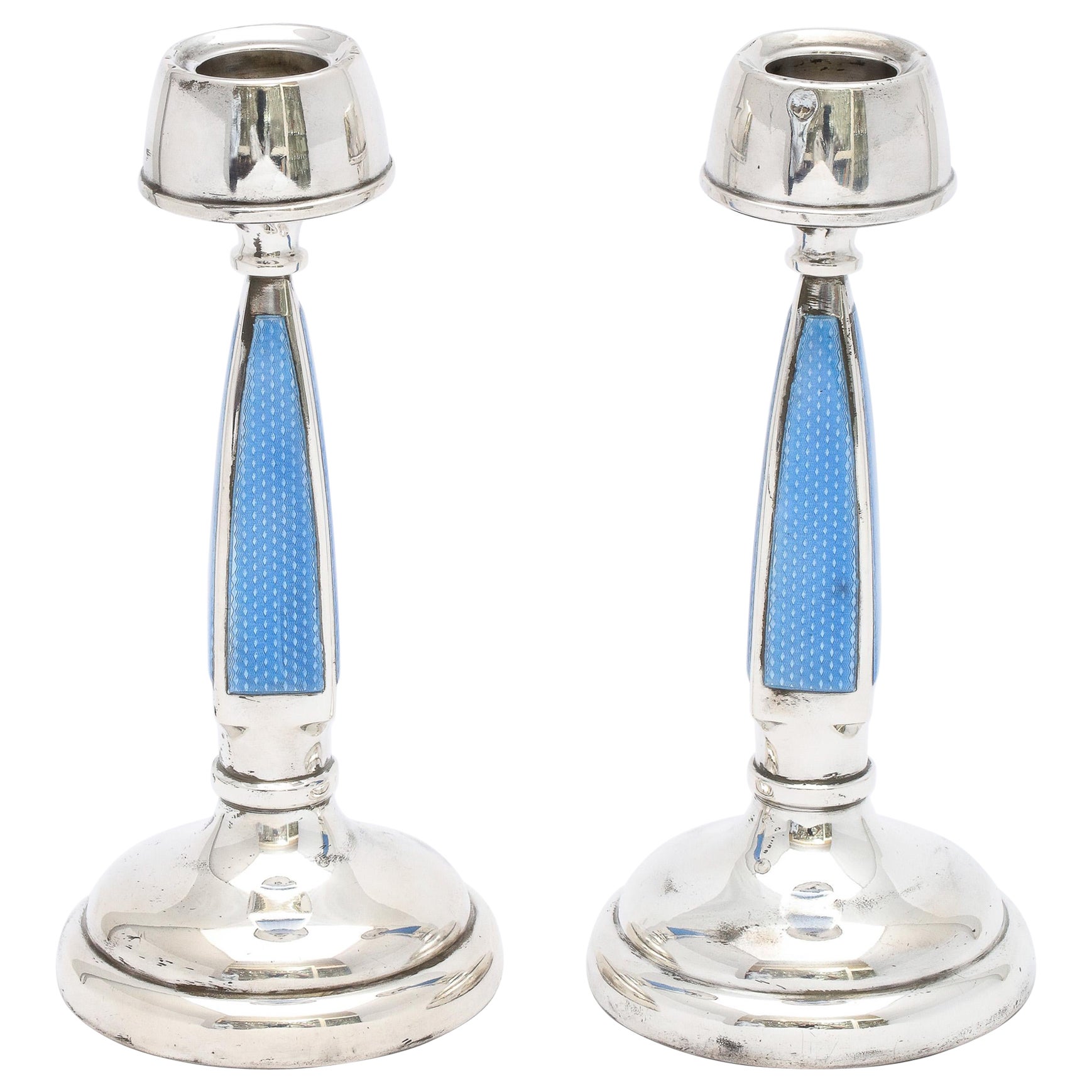 Rare Pair of Art Deco Sterling Silver and Blue Guilloche Enamel Candlesticks