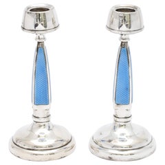 Rare Pair of Art Deco Sterling Silver and Blue Guilloche Enamel Candlesticks