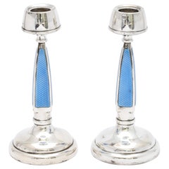 Rare Pair of Art Deco Sterling Silver and Blue Guilloche Enamel Candlesticks