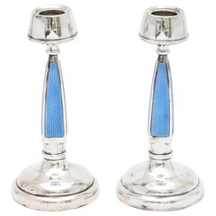 Antique Rare Pair of Art Deco Sterling Silver and Blue Guilloche Enamel Candlesticks