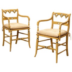 Early 20th-C. English Regency Style Carved & Painted Cane Bergere Chairs - Pair