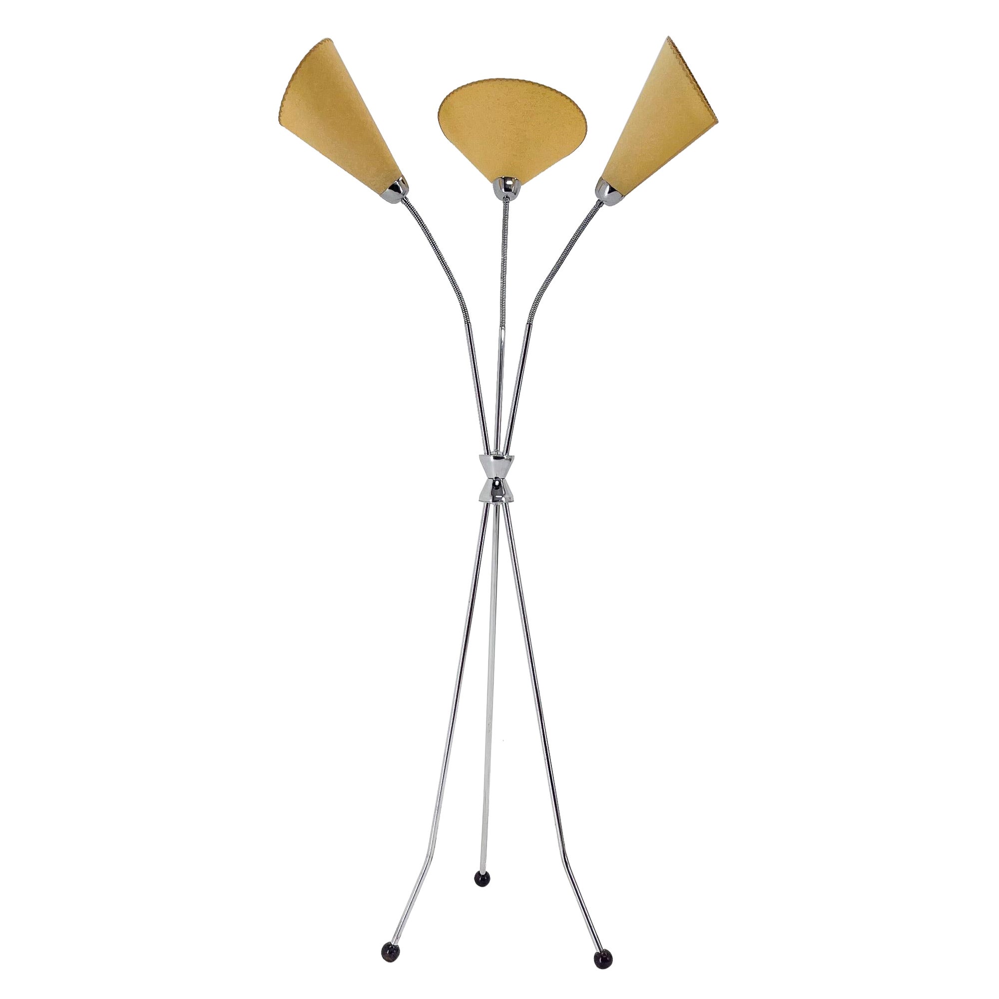 1960s Chrome Plated Tripod Floor Lamp, Hand Made Shades For Sale