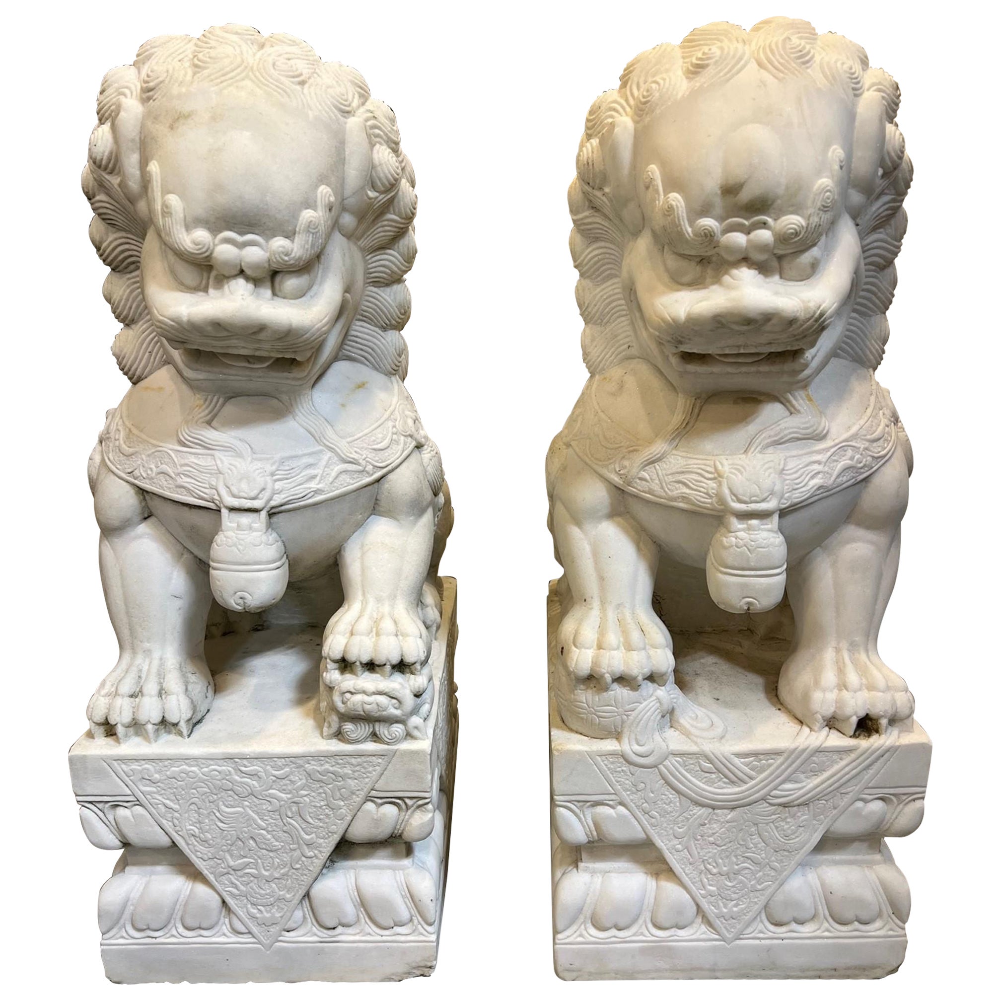 Pair of 20th Century Carved Marble Foo Dogs 