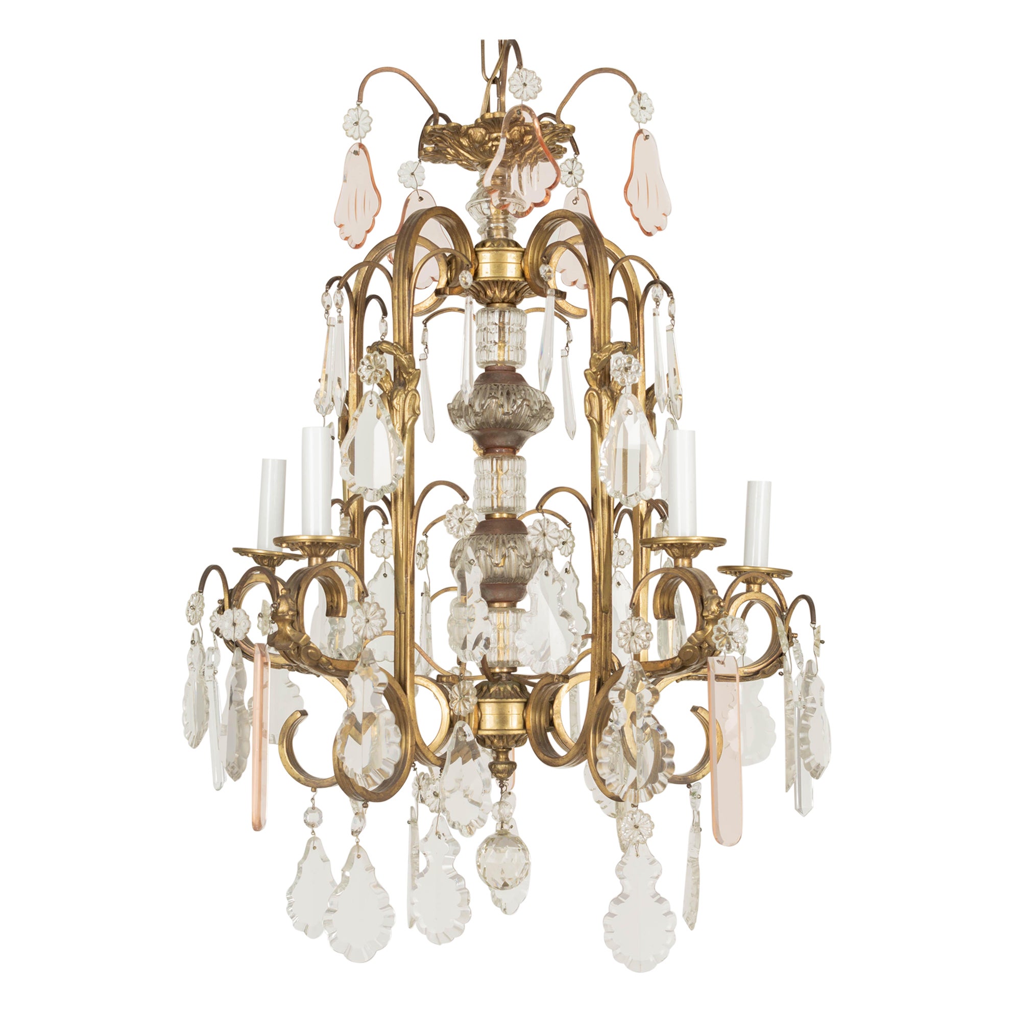 French Art Deco Brass and Crystal Chandelier For Sale