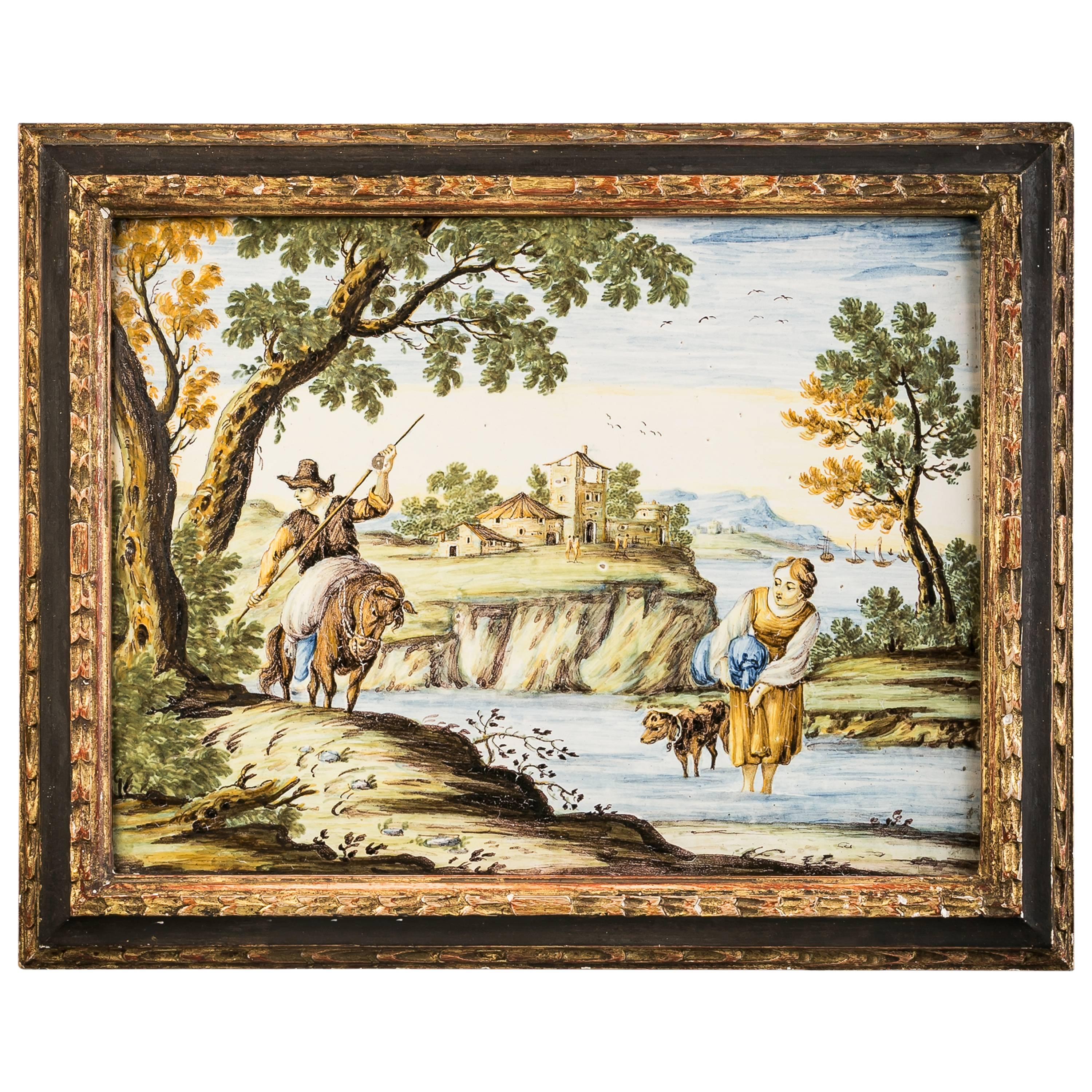 Plaque encadrée en majolique italienne, Castelli, vers 1750
