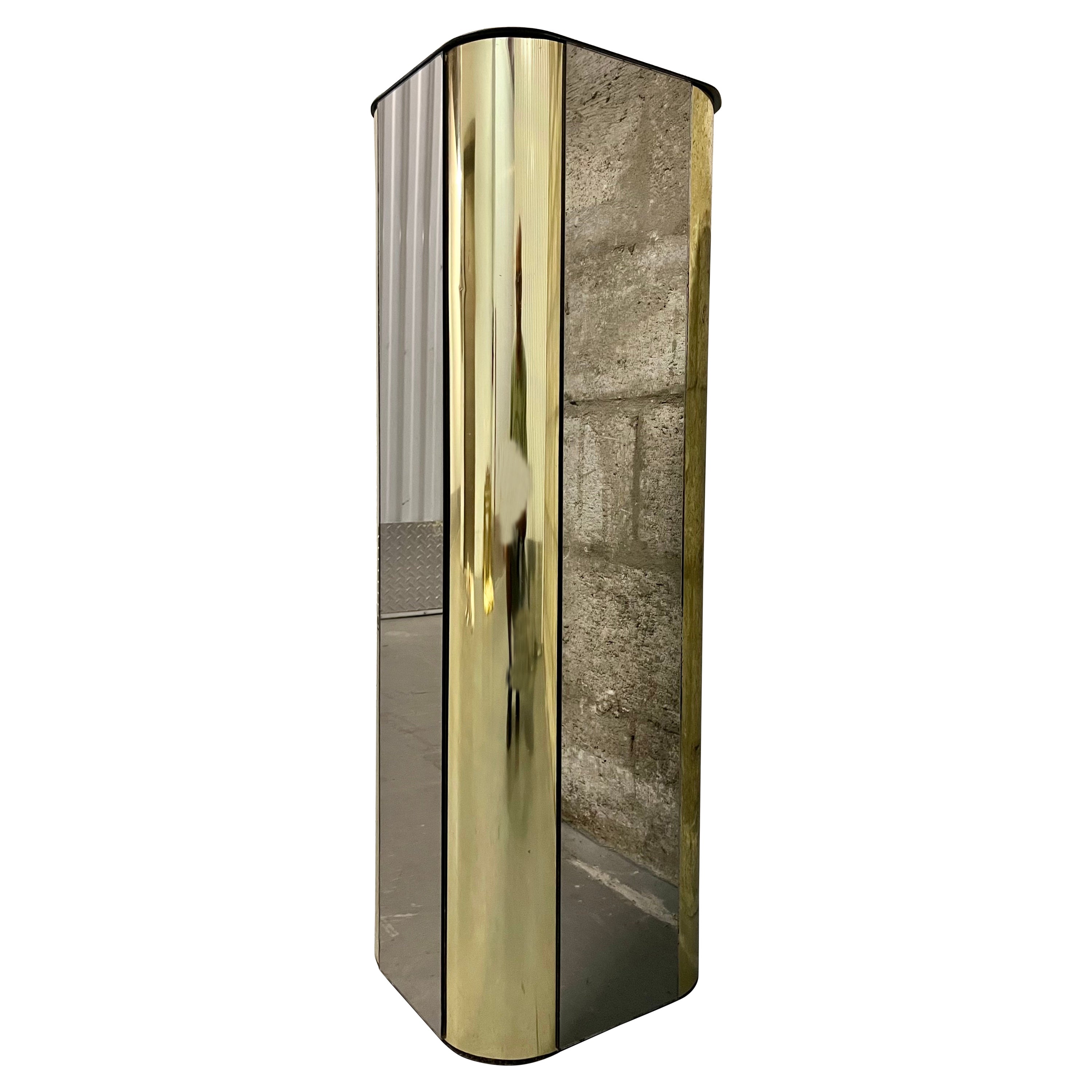 Hollywood Regency Brass and Smoked Mirror Pedestal in the Curtis Jere's Style.