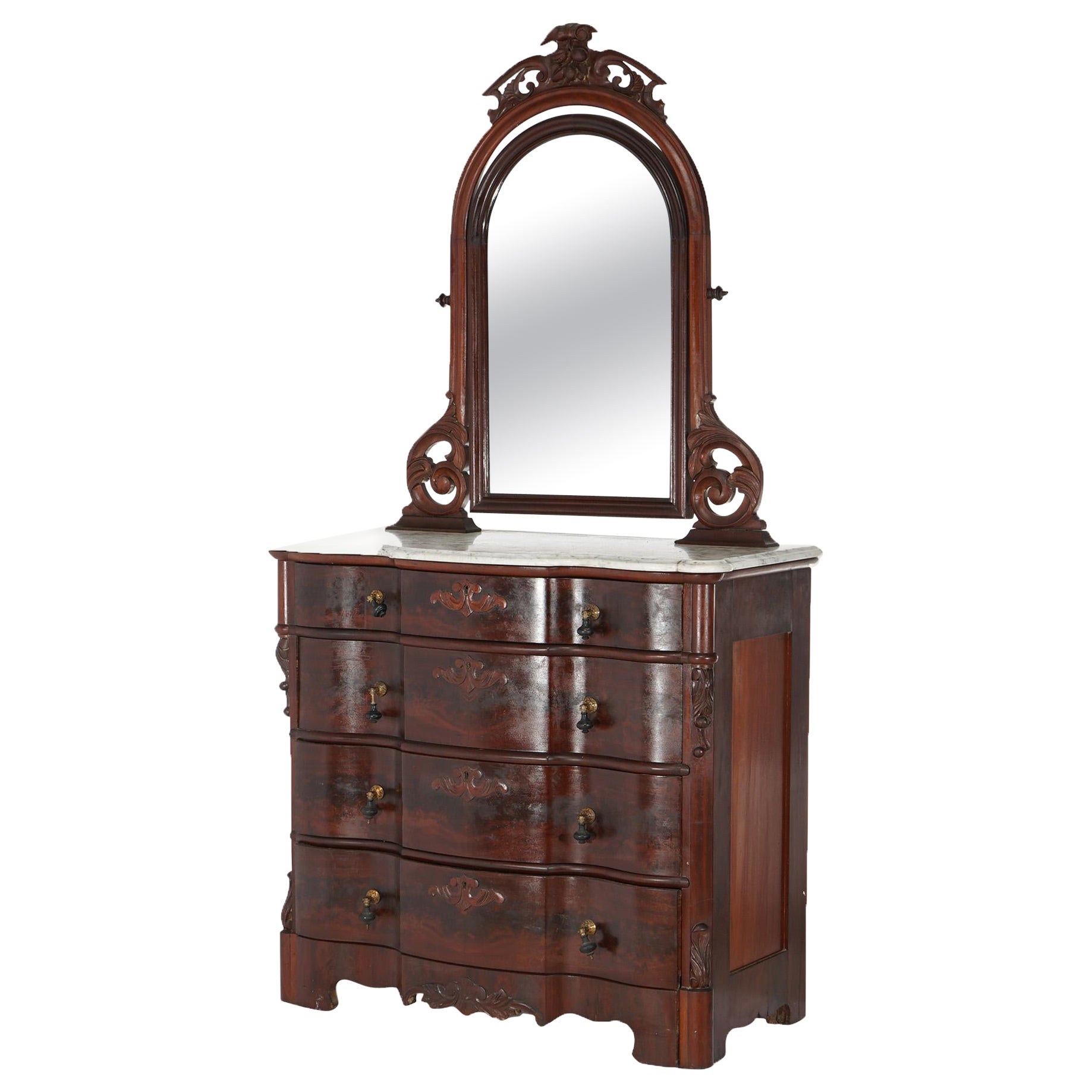 Antique Victorian Flame Mahogany Swell Front Mirrored Chest of Drawers c1860 For Sale