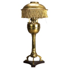 Antique Arts & Crafts Mission Brass Kerosine Oil Lamp with Hammered Brass Helmet