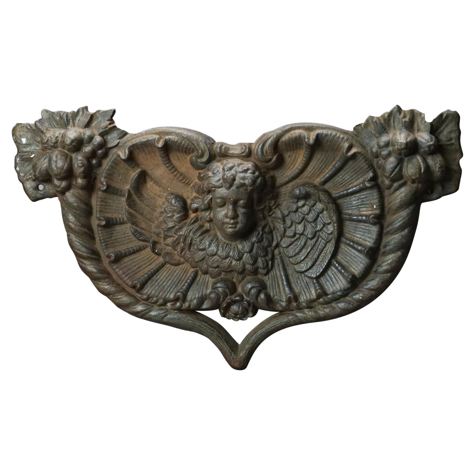 Figural Cast Iron Embossed Cherub Architectural Wall Plaque 20thC For Sale