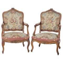 Pair of Antique French Fauteuil Walnut Tapestry Armchairs C1910