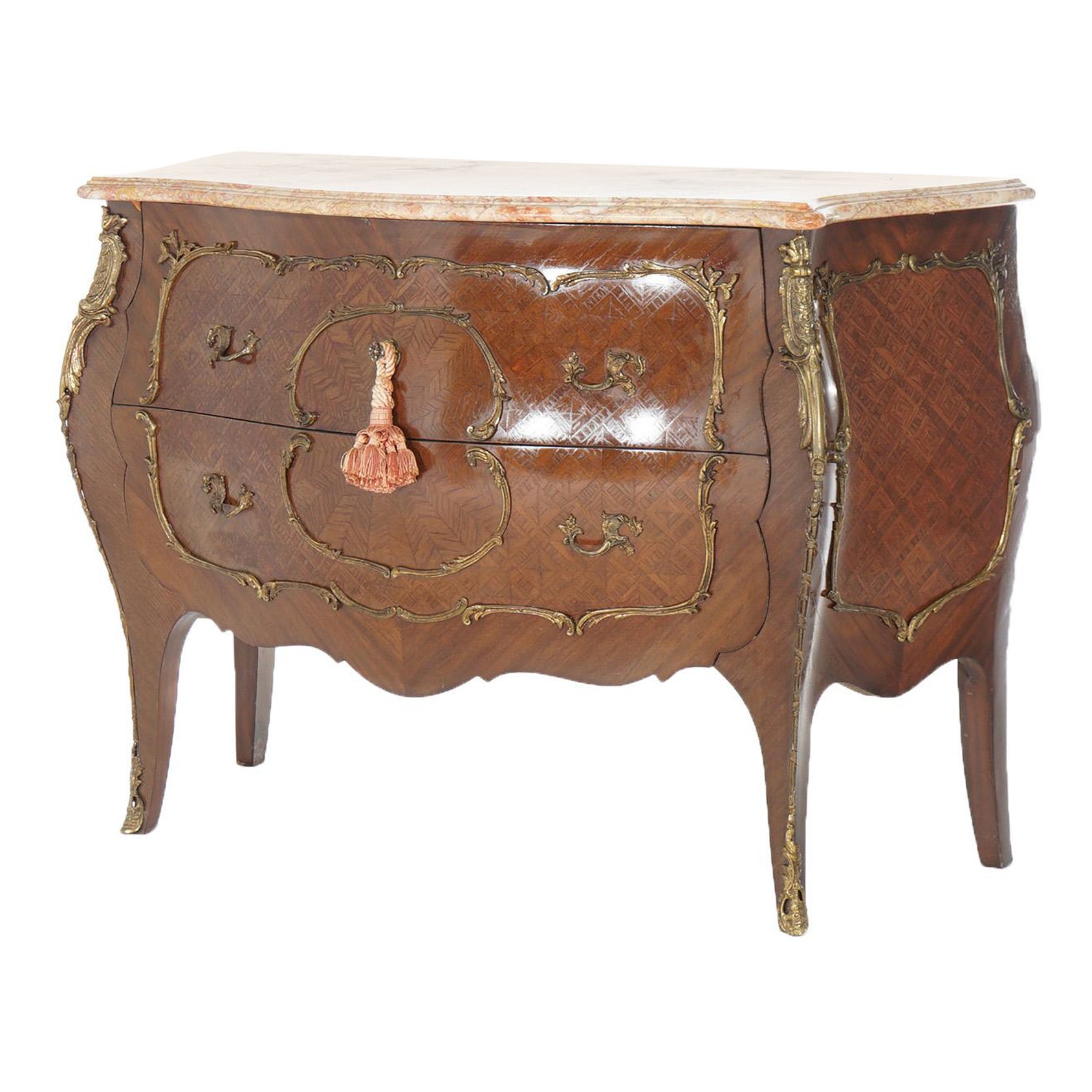 Antique Louis XIV Style Kingwood & Satinwood Parquetry Marble Top Commode c1920 For Sale