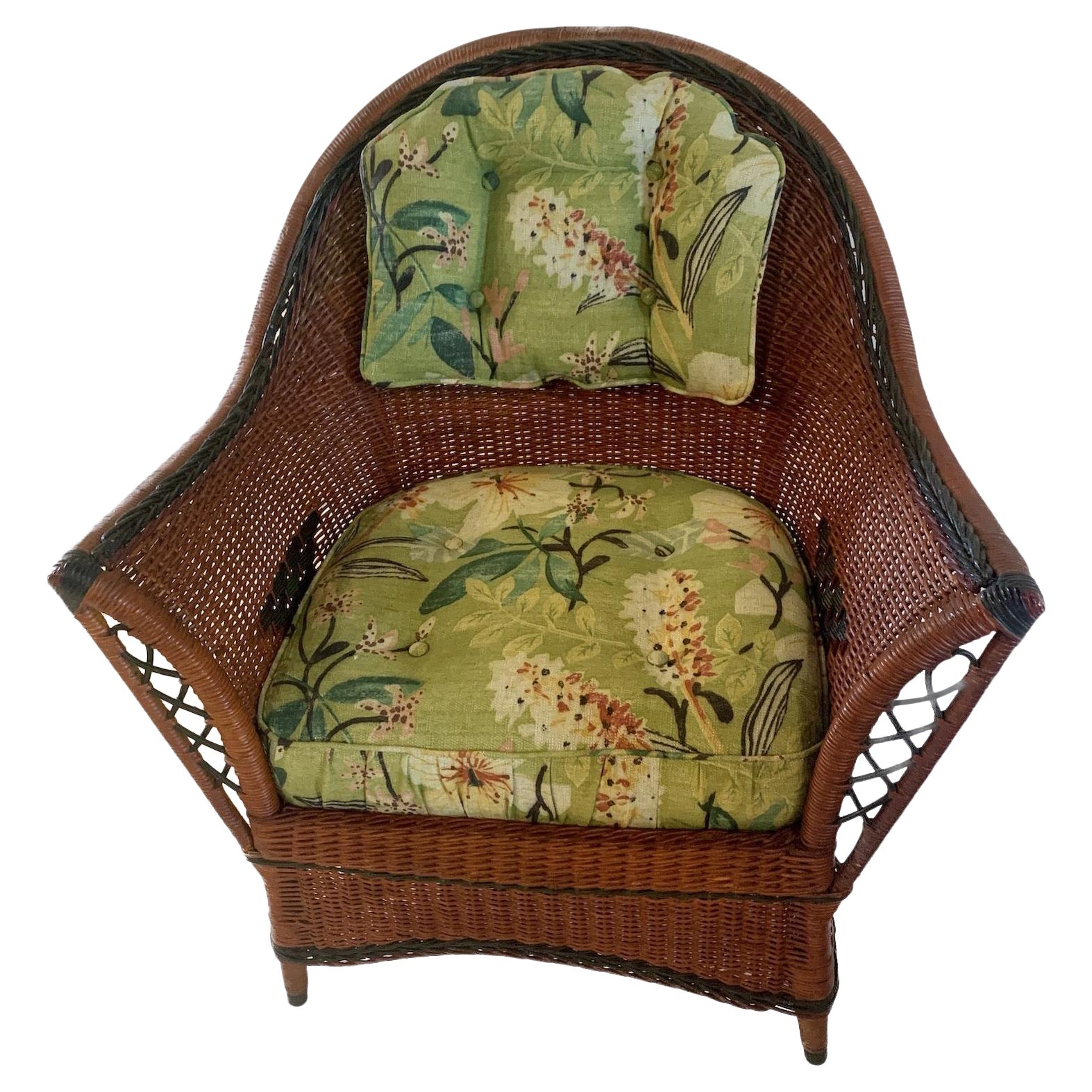 A Natural, Close Woven Wicker Arm Chair with Diamond Decoration For Sale