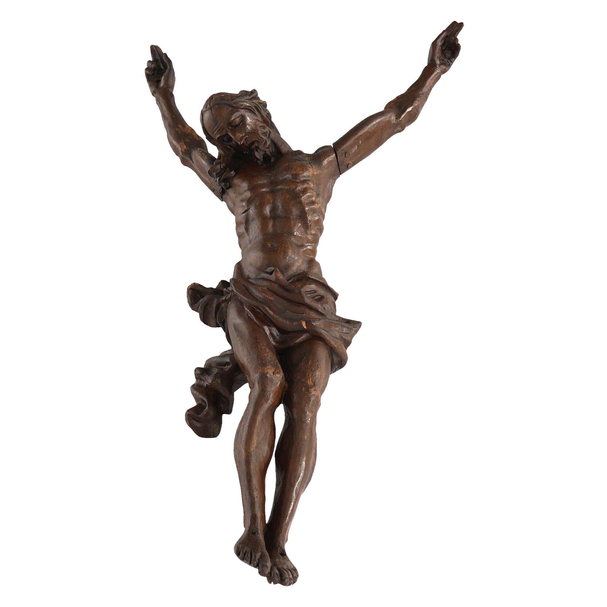 Antique Italian Carved & Stained Oak Jesus Christ Crucifix Wall Sculpture 19th C