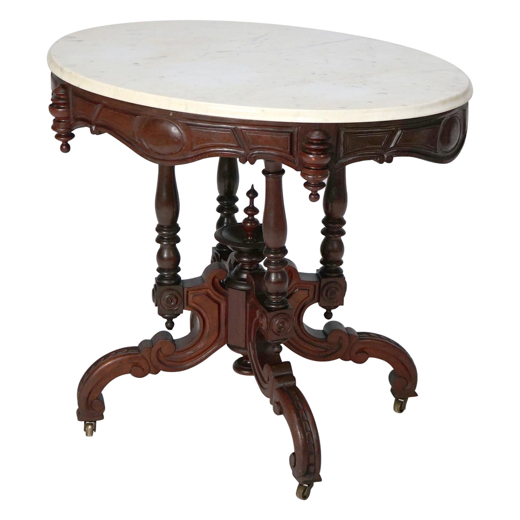 Antique Renaissance Revival Brooks Walnut Oval Marble Top Parlor Table c1890 For Sale